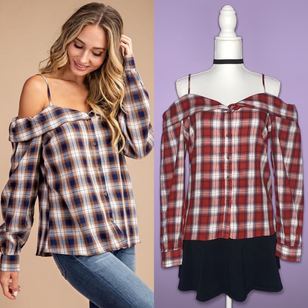 SOLD 🥳HP🥳 NWT Red Plaid Off the Shoulder Blouse - Picture 1 of 9